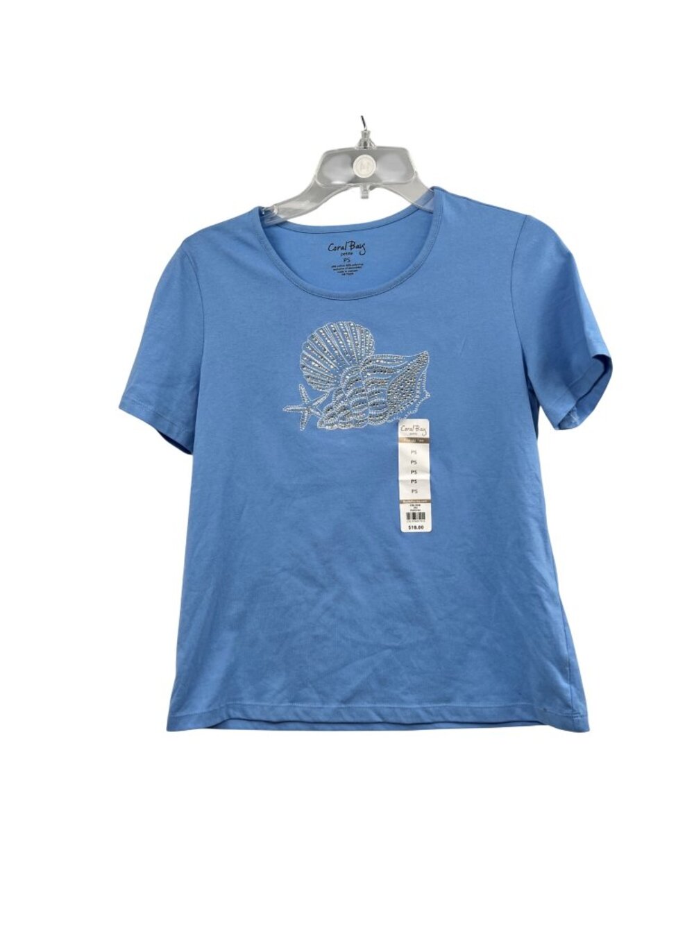 Coral Bay Womens Sequined Seashell T-Shirt Blue Size PS New
